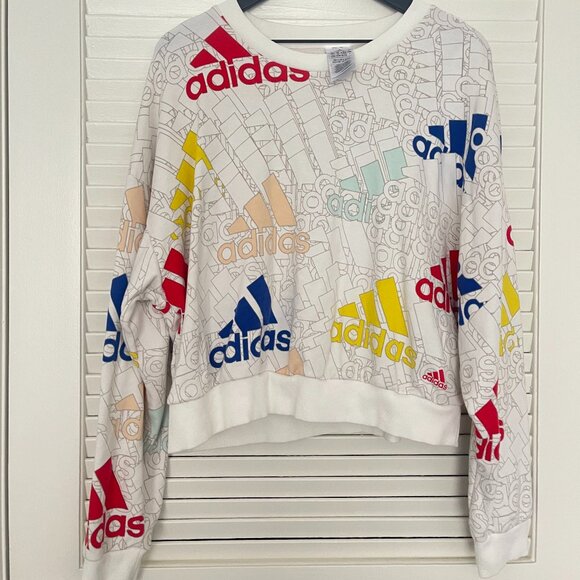 Adidas Women’s White Cropped Sweatshirt  Essentials Multi-Colored Logo - Picture 1 of 3